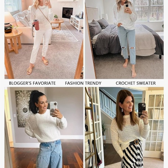 Women's Crochet Crewneck Lightweight Hollow Out Long Sleeve Knit Sweater | Pink - Picture 6 of 6